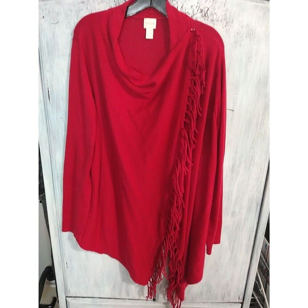 Chico's Boho Fringed Cowl Neck Long Sleeve Top Size 2 Red